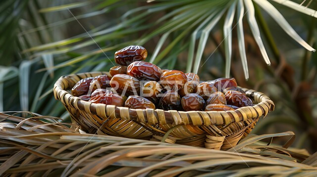 محاصيل ومنتجات زراعية محلية وطنية، سلة منسوجة تقليدية مليئة بالتمر السكري الصحي الطازج مع اوراق النخيل، وجبات وضيافة رمضانية ذات قيمة غذائية عالية، فنون التقديم في المملكة العربية السعودية