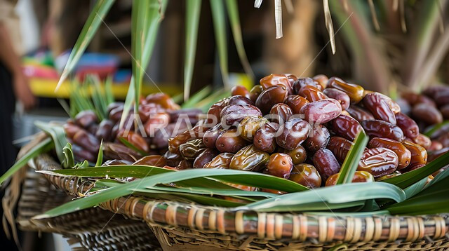 سلة منسوجة تقليدية مليئة بالتمر السكري الصحي الطازج مع اوراق النخيل، محاصيل ومنتجات زراعية محلية وطنية، وجبات وضيافة رمضانية ذات قيمة غذائية عالية، فنون التقديم في المملكة العربية السعودية