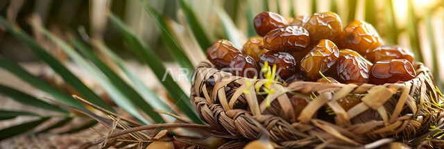 سلة منسوجة تقليدية مليئة بالتمر السكري الصحي الطازج مع اوراق النخيل، محاصيل ومنتجات زراعية محلية وطنية، وجبات وضيافة رمضانية ذات قيمة غذائية عالية، فنون التقديم في المملكة العربية السعودية