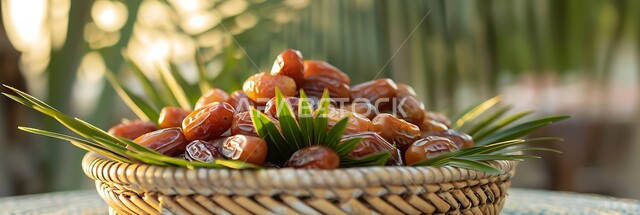 سلة منسوجة تقليدية مليئة بالتمر السكري الصحي الطازج مع اوراق النخيل، محاصيل ومنتجات زراعية محلية وطنية، وجبات وضيافة رمضانية ذات قيمة غذائية عالية، فنون التقديم في المملكة العربية السعودية