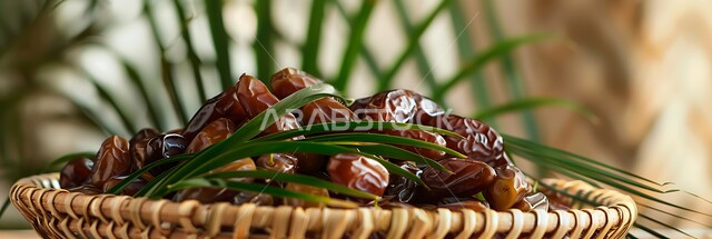 سلة منسوجة تقليدية مليئة بالتمر السكري الصحي الطازج مع اوراق النخيل، محاصيل ومنتجات زراعية محلية وطنية، وجبات وضيافة رمضانية ذات قيمة غذائية عالية، فنون التقديم في المملكة العربية السعودية