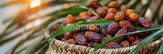 سلة منسوجة تقليدية مليئة بالتمر السكري الصحي الطازج مع اوراق النخيل، محاصيل ومنتجات زراعية محلية وطنية، وجبات وضيافة رمضانية ذات قيمة غذائية عالية، فنون التقديم في المملكة العربية السعودية