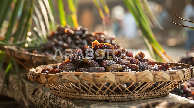Traditional woven basket filled with fresh healthy sugar dates with palm leaves, local national agricultural crops and products, Ramadan meals and hospitality with high nutritional value, presentation arts in Saudi Arabia