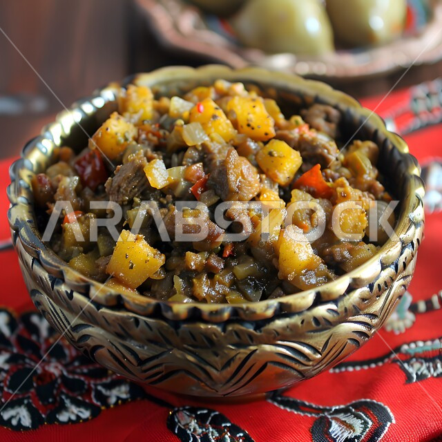 مأكولات شرقية تقليدية تراثية شهية في السعودية، الوصفات العربية الشعبية اللذيذة, فنون تقديم الطعام في الولائم والعزائم ,صورة مقربة لطبق فخاري من ثريد اللحم المبهر والمزين بالفلفل الحار