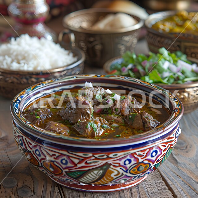 مأكولات شرقية تقليدية تراثية شهية في السعودية، الوصفات العربية الشعبية اللذيذة, فنون تقديم الطعام في الولائم والعزائم ,صورة مقربة لطبق فخاري من ثريد اللحم المبهر والمزين بالفلفل الحار