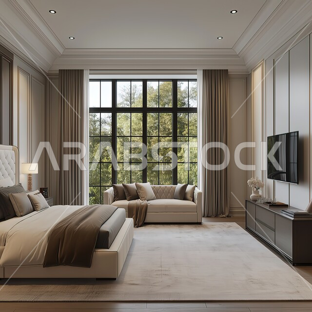 غرفة نوم كبيرة بواجهة زجاجية مطلة على الأشجار الخضراء, ديكورات على الطراز الكلاسيكي الحديث, تصاميم عصرية حديثة, ديكور داخلي فاخر و أنيق, شقق و فلل سكنية في المملكة العربية السعودية