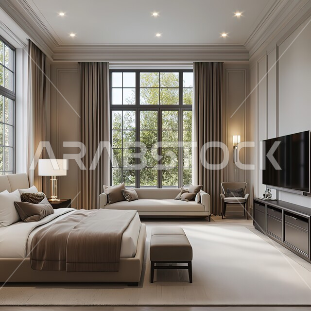 غرفة نوم كبيرة بواجهة زجاجية مطلة على الأشجار الخضراء, ديكورات على الطراز الكلاسيكي الحديث, تصاميم عصرية حديثة, ديكور داخلي فاخر و أنيق, شقق و فلل سكنية في المملكة العربية السعودية