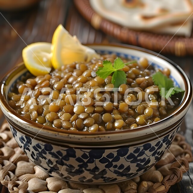 أطباق المقبلات اللذيذة، فنون تقديم الطعام في مطاعم المملكة العربية السعودية، وصفات الاطعمة التقليدية، وجبات وأطباق شعبية، المأكولات الشرقية الشهية، صورة مقربة لطبق من شوربة العدس والحمص مع الريحان