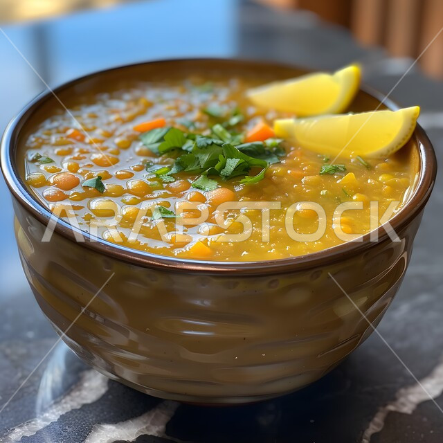 أطباق المقبلات اللذيذة، فنون تقديم الطعام في مطاعم المملكة العربية السعودية، وصفات الاطعمة التقليدية، وجبات وأطباق شعبية، المأكولات الشرقية الشهية، صورة مقربة لطبق من شوربة العدس والحمص مع الريحان