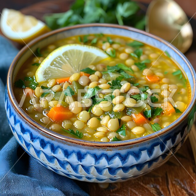 أطباق المقبلات اللذيذة، فنون تقديم الطعام في مطاعم المملكة العربية السعودية، وصفات الاطعمة التقليدية، وجبات وأطباق شعبية، المأكولات الشرقية الشهية، صورة مقربة لطبق من شوربة العدس والحمص مع الريحان