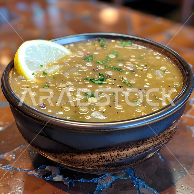 Delicious appetizers, food presentation arts in Saudi Arabia restaurants, traditional food recipes, popular meals and dishes, delicious oriental cuisine, close-up of a plate of lentil and chickpea soup with basil
