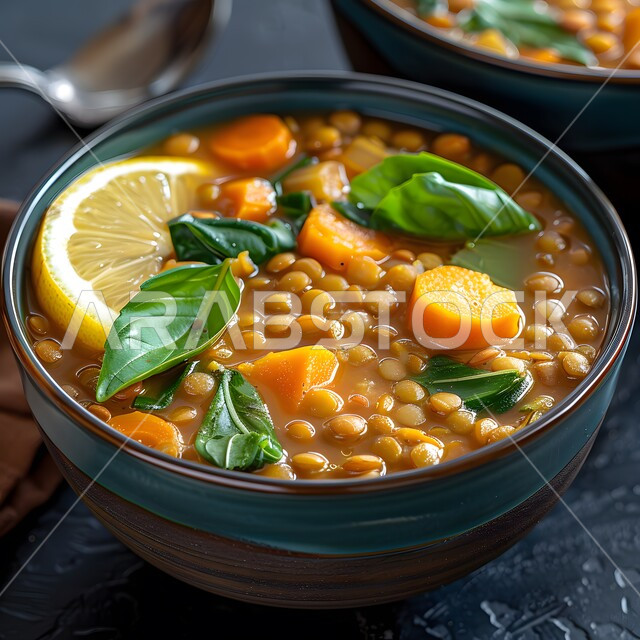 أطباق المقبلات اللذيذة، فنون تقديم الطعام في مطاعم المملكة العربية السعودية، وصفات الاطعمة التقليدية، وجبات وأطباق شعبية، المأكولات الشرقية الشهية، صورة مقربة لطبق من شوربة العدس والحمص مع الريحان