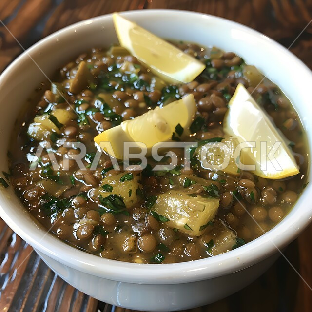 أطباق المقبلات اللذيذة، فنون تقديم الطعام في مطاعم المملكة العربية السعودية، وصفات الاطعمة التقليدية، وجبات وأطباق شعبية، المأكولات الشرقية الشهية، صورة مقربة لطبق من شوربة العدس والحمص مع الريحان