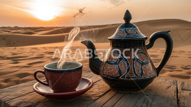 الاستمتاع بتناول المشروبات الساخنة في الطبيعة، المغامرات والكشتات البرية،الكثبان والرمال الذهبية الناعمة، أجواء التخييم الشبابية الممتعة، مخيمات سياحية في صحاري المملكة العربية السعودية، منتجات وطنية محلية، صورة مقربة لإبريق الشاي العربي التقليدي مع فنجان