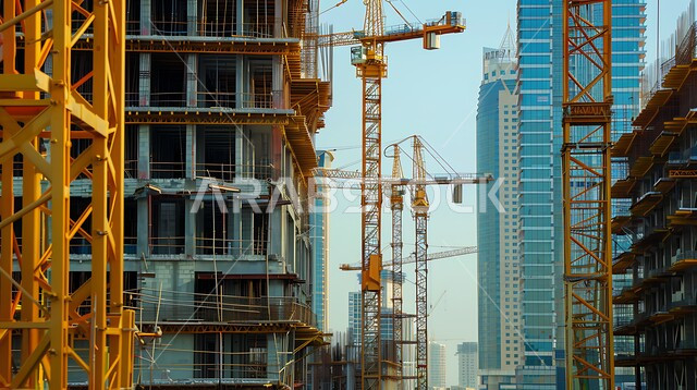 اعمال البناء وصب الخرسانات ووضع الأساسات، موقع بناء مزدحم بالآلات والمعدات الثقيلة والرافعات والسقالات العالية, مبنى قيد الانشاء في المملكة العربية السعودية, مفهوم الهندسة الانشائية والمعمارية، تنفيذ مخطط الإعمار وتشكيل الهيكل المعدني