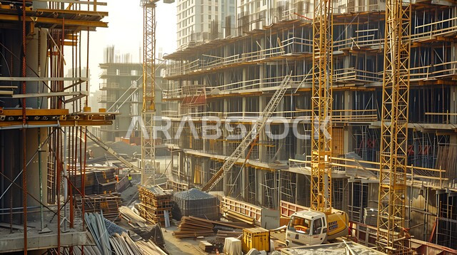 اعمال البناء وصب الخرسانات ووضع الأساسات، موقع بناء مزدحم بالآلات والمعدات الثقيلة والرافعات والسقالات العالية, مبنى قيد الانشاء في المملكة العربية السعودية, مفهوم الهندسة الانشائية والمعمارية، تنفيذ مخطط الإعمار وتشكيل الهيكل المعدني