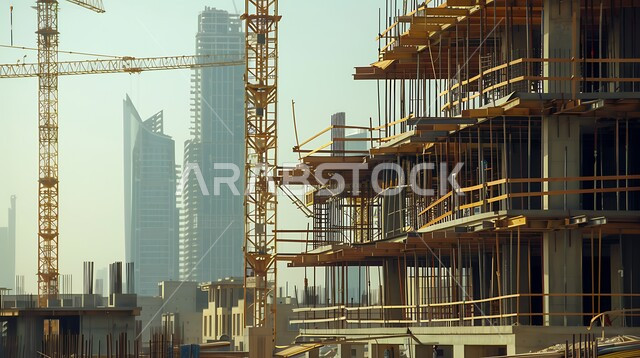 اعمال البناء وصب الخرسانات ووضع الأساسات، موقع بناء مزدحم بالآلات والمعدات الثقيلة والرافعات والسقالات العالية, مبنى قيد الانشاء في المملكة العربية السعودية, مفهوم الهندسة الانشائية والمعمارية، تنفيذ مخطط الإعمار وتشكيل الهيكل المعدني