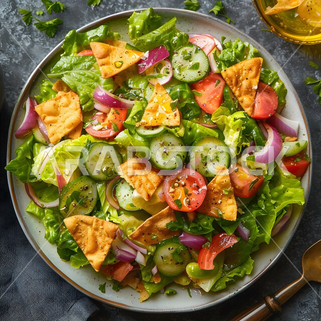 مطاعم للمأكولات الشرقية، الأساليب الفنية في تقديم الطعام، وعاء مليء بقطع الخضراوات والخبز المحمص، أطباق شعبية تقليدية في السعودية، طبق من سلطة الفتوش والمقبلات العربية