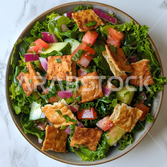 مطاعم للمأكولات الشرقية، الأساليب الفنية في تقديم الطعام، وعاء مليء بقطع الخضراوات والخبز المحمص، أطباق شعبية تقليدية في السعودية، طبق من سلطة الفتوش والمقبلات العربية