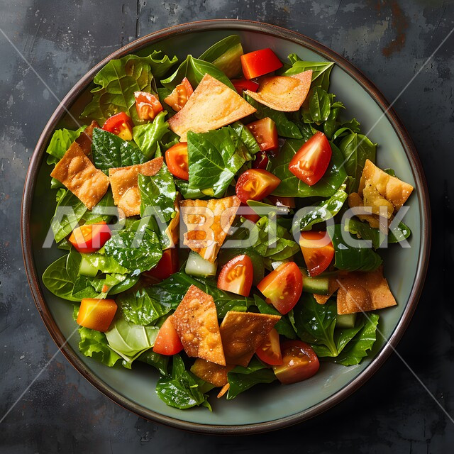 مطاعم للمأكولات الشرقية، الأساليب الفنية في تقديم الطعام، وعاء مليء بقطع الخضراوات والخبز المحمص، أطباق شعبية تقليدية في السعودية، طبق من سلطة الفتوش والمقبلات العربية