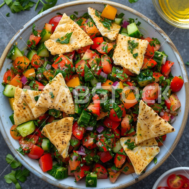 مطاعم للمأكولات الشرقية، الأساليب الفنية في تقديم الطعام، وعاء مليء بقطع الخضراوات والخبز المحمص، أطباق شعبية تقليدية في السعودية، طبق من سلطة الفتوش والمقبلات العربية