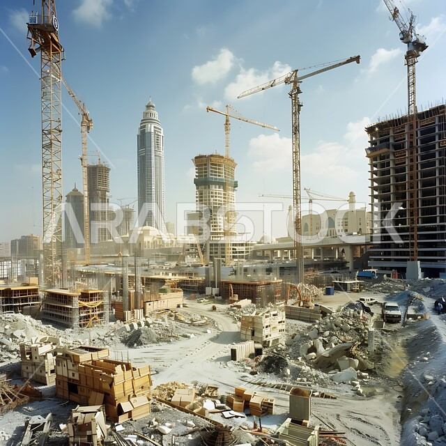 موقع بناء مزدحم بالآلات والمعدات الثقيلة والرافعات والسقالات العالية, اعمال البناء وصب الخرسانات ووضع الأساسات، مبنى قيد الانشاء في المملكة العربية السعودية, مفهوم الهندسة الانشائية والمعمارية، تنفيذ مخطط الإعمار وتشكيل الهيكل المعدني