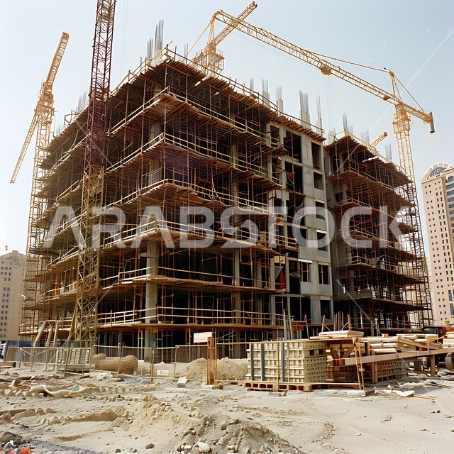 موقع بناء مزدحم بالآلات والمعدات الثقيلة والرافعات والسقالات العالية, اعمال البناء وصب الخرسانات ووضع الأساسات، مبنى قيد الانشاء في المملكة العربية السعودية, مفهوم الهندسة الانشائية والمعمارية، تنفيذ مخطط الإعمار وتشكيل الهيكل المعدني