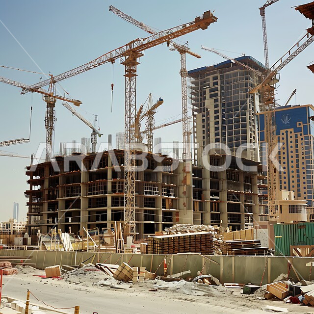 موقع بناء مزدحم بالآلات والمعدات الثقيلة والرافعات والسقالات العالية, اعمال البناء وصب الخرسانات ووضع الأساسات، مبنى قيد الانشاء في المملكة العربية السعودية, مفهوم الهندسة الانشائية والمعمارية، تنفيذ مخطط الإعمار وتشكيل الهيكل المعدني