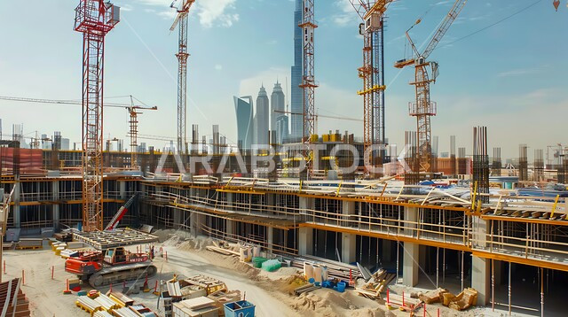 موقع بناء مزدحم بالآلات والمعدات الثقيلة والرافعات والسقالات العالية, اعمال البناء وصب الخرسانات ووضع الأساسات، مبنى قيد الانشاء في المملكة العربية السعودية, مفهوم الهندسة الانشائية والمعمارية، تنفيذ مخطط الإعمار وتشكيل الهيكل المعدني