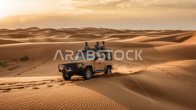 Desert driving fun activities, safari adventures on the hills and sand dunes in the United Arab Emirates, 4x4 driving on the golden sands during the day, dry terrain and environment, thrilling and exciting trips in the Fujairah desert