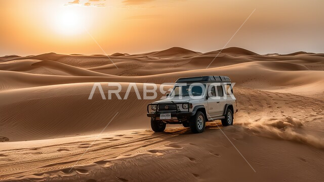 الأنشطة الترفيهية لقيادة السيارات في المناطق الصحراوية، مغامرات سفاري على التلال والكثبان الرملية في الامارات العربية المتحدة, سيارة دفع رباعي تسير على الرمال الذهبية اللامعة في وقت النهار، التضاريس والبيئة الجافة، رحلات الإثارة والتشويق في صحراء الفجيرة