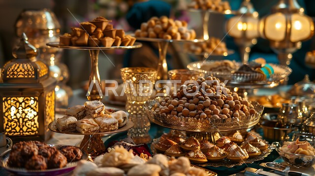 أجواء وديكورات الاحتفال بالمناسبات الدينية، بوفيه مفتوح من الحلوى العربية الشهية, فنون تقديم الحلى في المطاعم, ضيافة الأعياد في السعودية, صورة مقربة لمائدة العيد بالحلويات اللذيذة والأكلات الغنية بالسكريات والسعرات الحرارية، الفوانيس المعدنية التقليدية المضيئة
