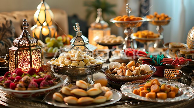 أجواء وديكورات الاحتفال بالمناسبات الدينية، بوفيه مفتوح من الحلوى العربية الشهية, فنون تقديم الحلى في المطاعم, ضيافة الأعياد في السعودية, صورة مقربة لمائدة العيد بالحلويات اللذيذة والأكلات الغنية بالسكريات والسعرات الحرارية، الفوانيس المعدنية التقليدية المضيئة