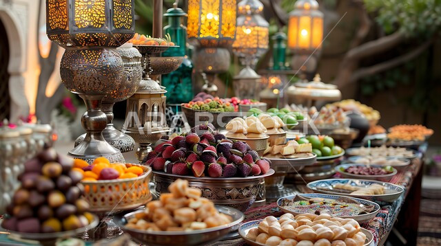 أجواء وديكورات الاحتفال بالمناسبات الدينية، بوفيه مفتوح من الحلوى العربية الشهية, فنون تقديم الحلى في المطاعم, ضيافة الأعياد في السعودية, صورة مقربة لمائدة العيد بالحلويات اللذيذة والأكلات الغنية بالسكريات والسعرات الحرارية، الفوانيس المعدنية التقليدية المضيئة
