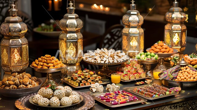 أجواء وديكورات الاحتفال بالمناسبات الدينية، بوفيه مفتوح من الحلوى العربية الشهية, فنون تقديم الحلى في المطاعم, ضيافة الأعياد في السعودية, صورة مقربة لمائدة العيد بالحلويات اللذيذة والأكلات الغنية بالسكريات والسعرات الحرارية، الفوانيس المعدنية التقليدية المضيئة