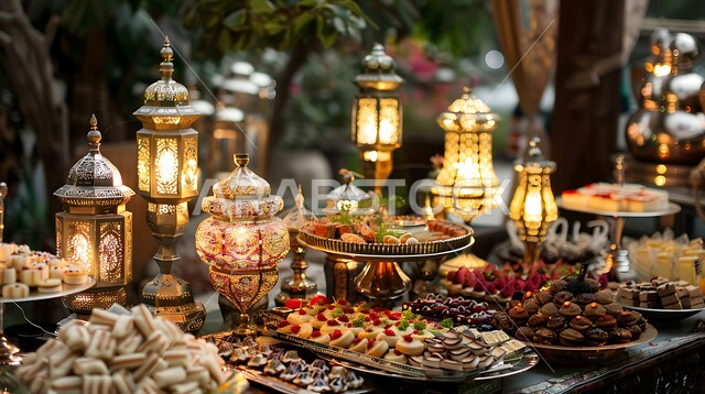 Atmosphere and decorations for celebrating religious occasions, an open buffet of delicious Arabic sweets, the art of presenting sweets in restaurants, holiday hospitality in Saudi Arabia, a close-up of the Eid table with delicious sweets and foods rich in sugars and calories, traditional illuminated metal lanterns