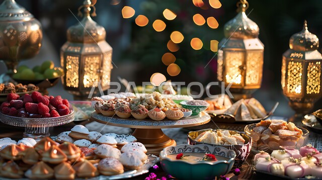 ضيافة الأعياد في السعودية, أجواء وديكورات الاحتفال بالمناسبات الدينية، بوفيه مفتوح من الحلوى العربية الشهية, فنون تقديم الحلى في المطاعم, صورة مقربة لمائدة العيد بالحلويات اللذيذة والأكلات الغنية بالسكريات والسعرات الحرارية، الفوانيس المعدنية التقليدية المضيئة