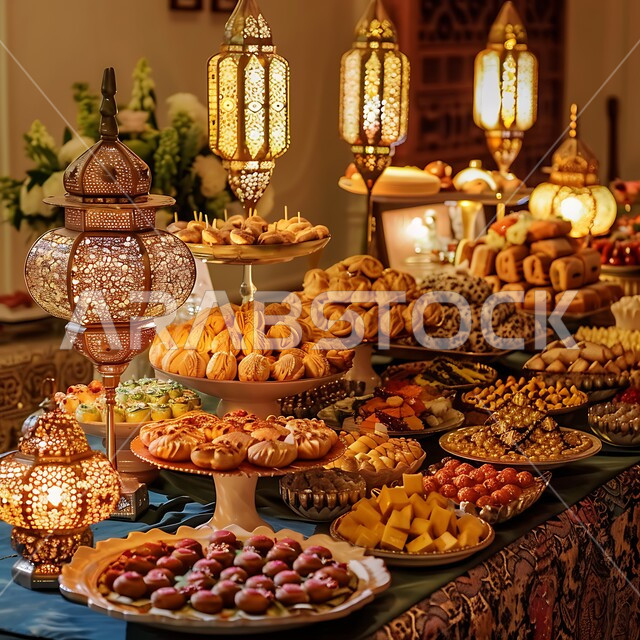 ضيافة الأعياد في السعودية, أجواء وديكورات الاحتفال بالمناسبات الدينية، بوفيه مفتوح من الحلوى العربية الشهية, فنون تقديم الحلى في المطاعم, صورة مقربة لمائدة العيد بالحلويات اللذيذة والأكلات الغنية بالسكريات والسعرات الحرارية، الفوانيس المعدنية التقليدية المضيئة