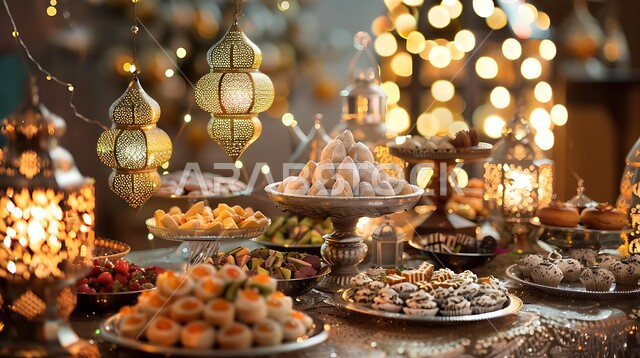 ضيافة الأعياد في السعودية, أجواء وديكورات الاحتفال بالمناسبات الدينية، بوفيه مفتوح من الحلوى العربية الشهية, فنون تقديم الحلى في المطاعم, صورة مقربة لمائدة العيد بالحلويات اللذيذة والأكلات الغنية بالسكريات والسعرات الحرارية، الفوانيس المعدنية التقليدية المضيئة