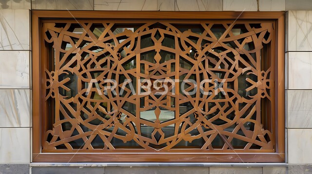 الفنون والتصاميم الهندسية المعمارية على الطراز الاسلامي للنوافذ، ديكورات داخلية فخمة، نافذة مشربية خشبية منحوتة بأنماط هندسية معقدة، الأناقة والتراث الثقافي التقليدي في منازل المملكة العربية السعودية