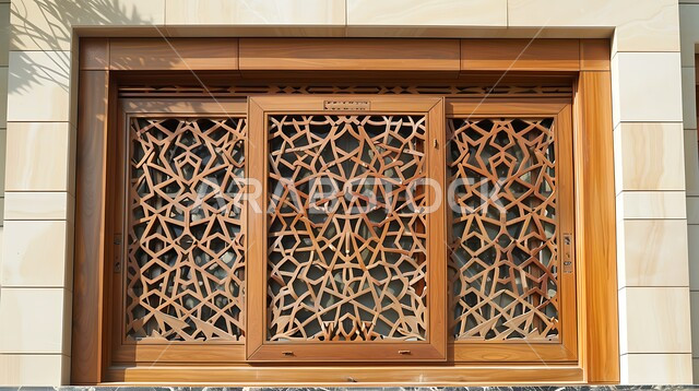 الفنون والتصاميم الهندسية المعمارية على الطراز الاسلامي للنوافذ، ديكورات داخلية فخمة، نافذة مشربية خشبية منحوتة بأنماط هندسية معقدة، الأناقة والتراث الثقافي التقليدي في منازل المملكة العربية السعودية