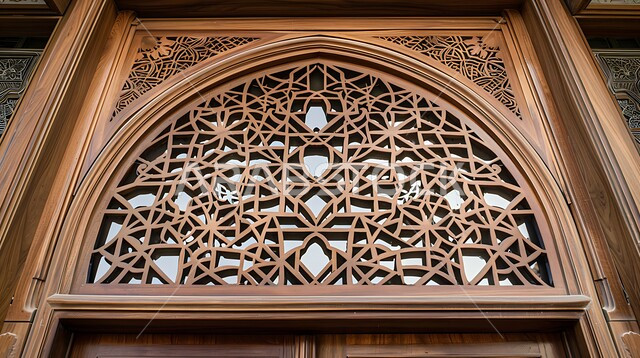 الفنون والتصاميم الهندسية المعمارية على الطراز الاسلامي للنوافذ، ديكورات داخلية فخمة، نافذة مشربية خشبية منحوتة بأنماط هندسية معقدة، الأناقة والتراث الثقافي التقليدي في منازل المملكة العربية السعودية