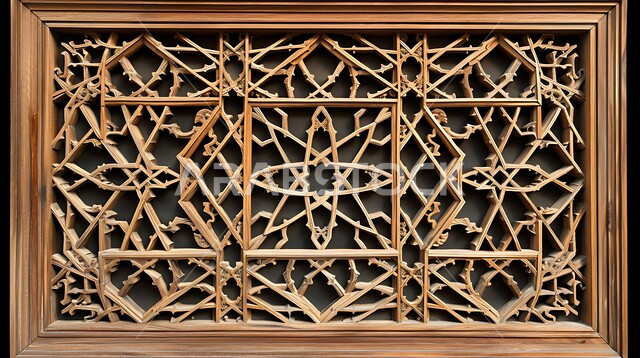 Islamic style architectural arts and designs for windows, luxurious interior decorations, wooden mashrabiya window carved with intricate geometric patterns, elegance and traditional cultural heritage in Saudi Arabian homes