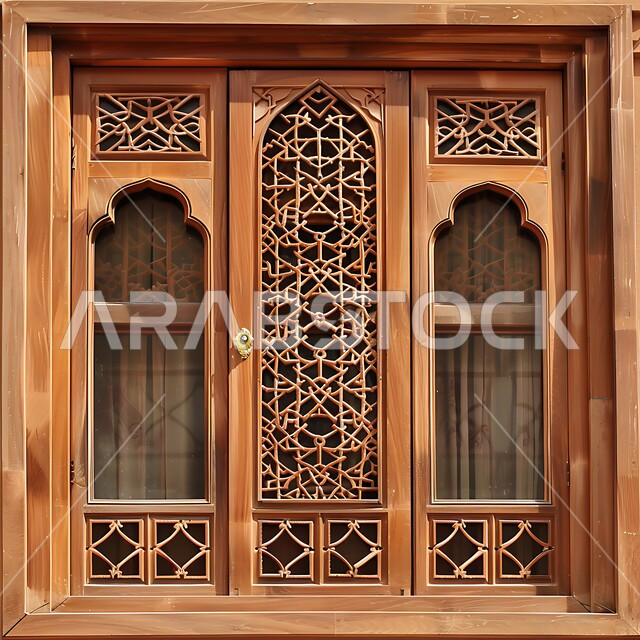 ديكورات داخلية فخمة، الفنون والتصاميم الهندسية المعمارية على الطراز الاسلامي للنوافذ، نافذة مشربية خشبية منحوتة بأنماط هندسية معقدة، الأناقة والتراث الثقافي التقليدي في منازل المملكة العربية السعودية
