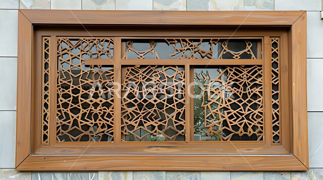 ديكورات داخلية فخمة، الفنون والتصاميم الهندسية المعمارية على الطراز الاسلامي للنوافذ، نافذة مشربية خشبية منحوتة بأنماط هندسية معقدة، الأناقة والتراث الثقافي التقليدي في منازل المملكة العربية السعودية