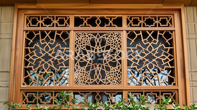 ديكورات داخلية فخمة، الفنون والتصاميم الهندسية المعمارية على الطراز الاسلامي للنوافذ، نافذة مشربية خشبية منحوتة بأنماط هندسية معقدة، الأناقة والتراث الثقافي التقليدي في منازل المملكة العربية السعودية