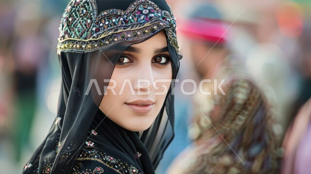 الاهتمام بالأناقة والمظهر الخارجي, ملابس نسائية بتصاميم عصرية، مفهوم الأنوثة والنعومة, صورة مقربة لامرأة عربية خليجية سعودية محجبة ترتدي عباءة تقليدية مزخرفة تنظر إلى الكاميرا بإيماءات الثقة بالنفس