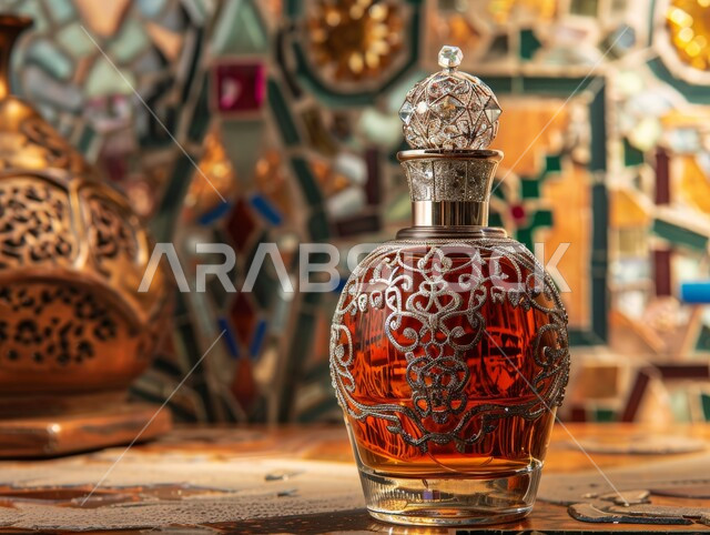 التعطر والتطيب بالزيوت الطبيعيه والمسك ، عبوة من العطور العربية الفخمة الفاخرة المزخرفة، زجاجة من العطر السعودي الأصلي، عرض المنتجات المحلية الوطنية السعودية