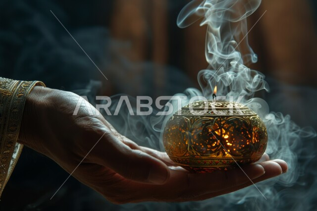 خشب العود الفاخر والفحم، يد تحمل مبخرة ذهبية فاخرة، التعطر والتطيب باطيب الروائح والعطور، أصالة العادات والتقاليد في المملكة العربية السعودية، منظر الدخان المنتشر من البخور، منتج وطني محلي سعودي