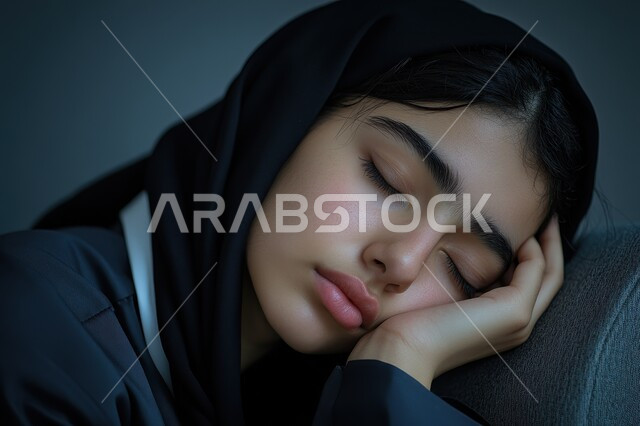 الاحساس بالكسل والخمول وطلب الراحة، النعاس والارهاق والحاجة إلى النوم, بورتريه لمرأة عربية سعودية خليجية ترتدي العباءة والحجاب تضع يدها على وجهها بإيماءات تدل على النوم او اخذ قيلولة قصيرة, خلفية رمادي